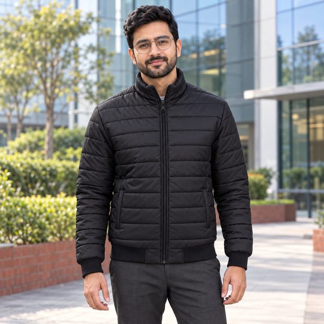 Black Quilted Bomber Jacket customised with your company logo, worn by a man on an office campus on a winter morning. Custom logo jacket for corporate gifting.