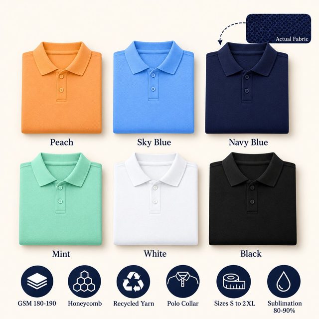 R-Pet Polo T-Shirt in all 6 colours, folded, with a fabric close-up and specs (180-190 GSM honeycomb recycled yarn). Customised corporate polo T-shirts for gifting, uniforms and bulk orders.