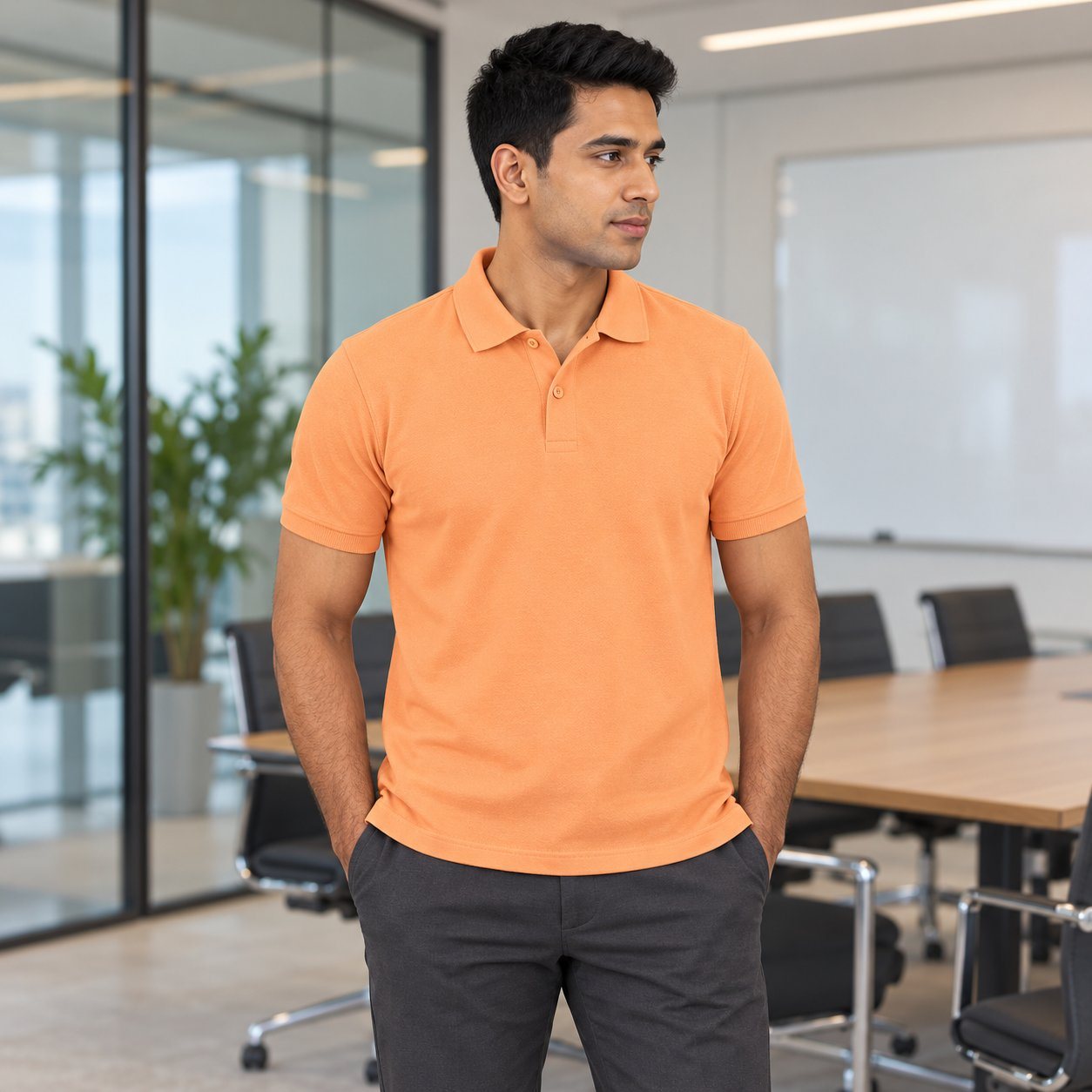 Click to zoom Peach R-Pet Polo T-Shirt customised with your company logo, worn by a man in an office meeting room. Custom logo polo T-shirt for corporate gifting.