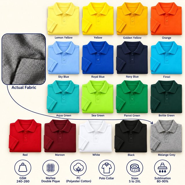Real Madrid Polo T-Shirt in all 17 colours, folded, with a fabric close-up and specs (240-260 GSM double pique poly-cotton). Customised corporate polo T-shirts for gifting, uniforms and bulk orders.