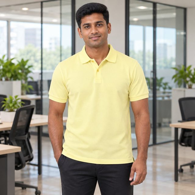 Lemon Yellow Real Madrid Polo T-Shirt customised with your company logo, worn by a man on a modern office floor. Custom logo polo T-shirt for corporate gifting.