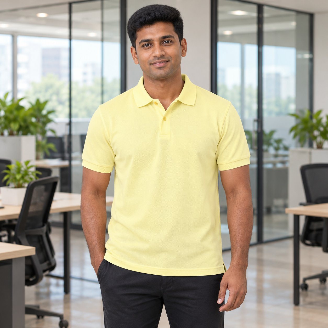 Lemon Yellow Real Madrid Polo T-Shirt customised with your company logo, worn by a man on a modern office floor. Custom logo polo T-shirt for corporate gifting.