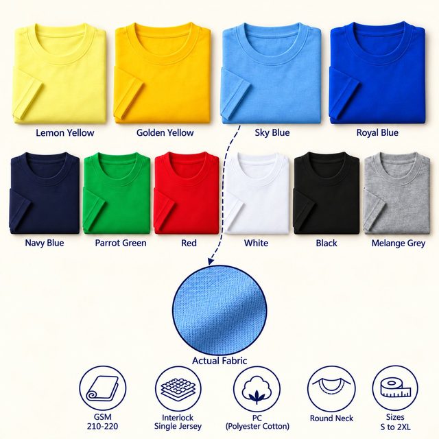 Real Madrid Round Neck T-Shirt in all 10 colours, folded, with a fabric close-up and specs (210-220 GSM interlock - single jersey poly-cotton). Customised corporate T-shirts for gifting, uniforms and bulk orders.