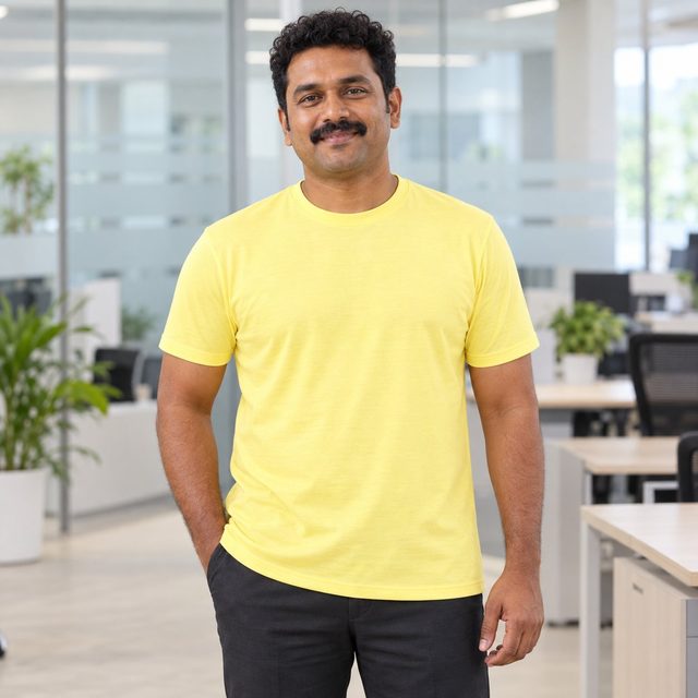 Lemon Yellow Real Madrid Round Neck T-Shirt customised with your company logo, worn by a man in a modern office. Custom logo T-shirt for corporate gifting.