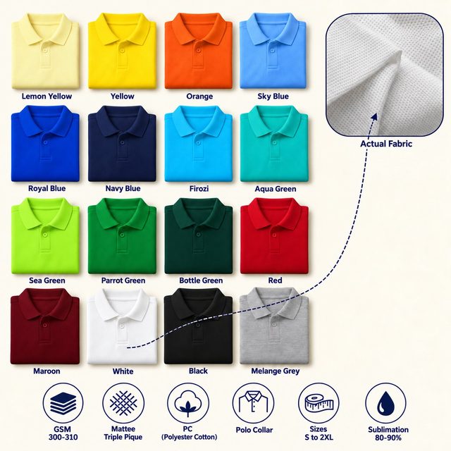 Rockets Polo T-Shirt in all 16 colours, folded, with a fabric close-up and specs (300-310 GSM triple pique poly-cotton). Customised corporate polo T-shirts for gifting, uniforms and bulk orders.