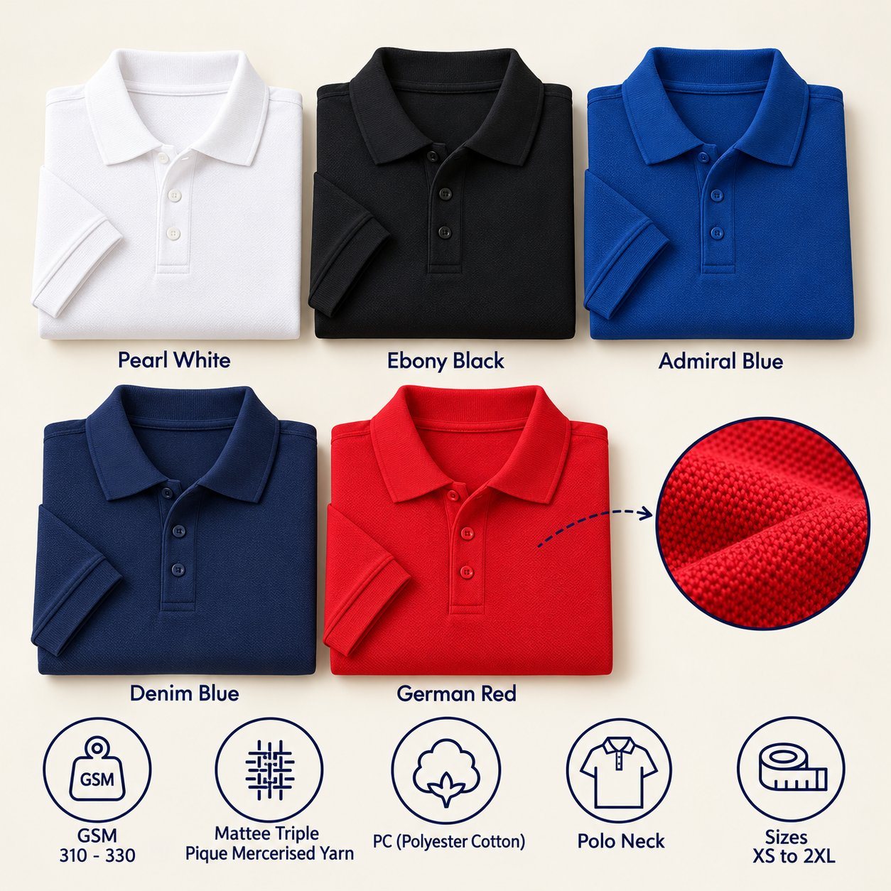 Click to zoom RP18 Polo T-Shirt in all 5 colours, folded, with a fabric close-up and specs (310-330 GSM triple pique mercerised yarn poly-cotton). Customised corporate polo T-shirts for gifting, uniforms and bulk orders.