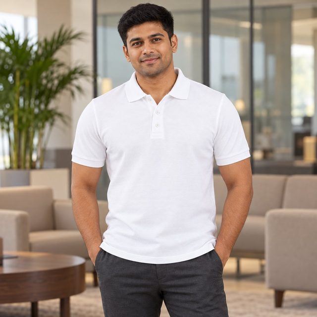 Pearl White RP18 Polo T-Shirt customised with your company logo, worn by a man in an upscale office lounge. Custom logo polo T-shirt for corporate gifting.