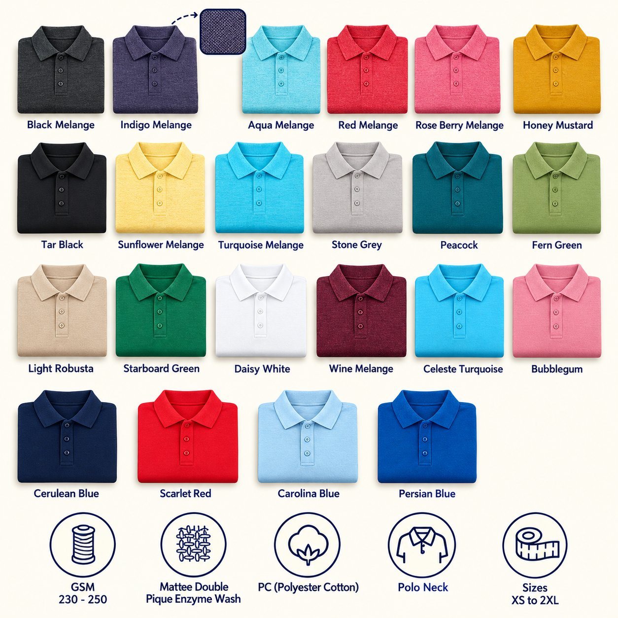 Click to zoom RP33 Polo T-Shirt in all 22 colours, folded, with a fabric close-up and specs (230-250 GSM double pique enzyme wash poly-cotton). Customised corporate polo T-shirts for gifting, uniforms and bulk orders.