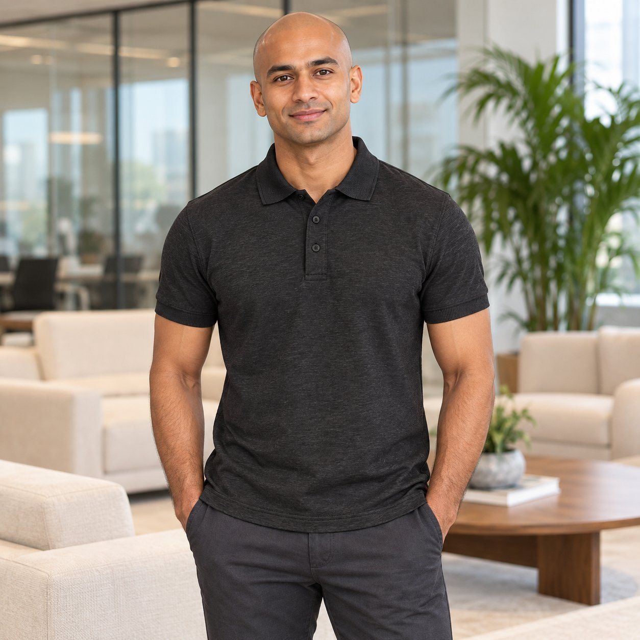 Click to zoom Black Melange RP33 Polo T-Shirt customised with your company logo, worn by a man in an upscale office lounge. Custom logo polo T-shirt for corporate gifting.