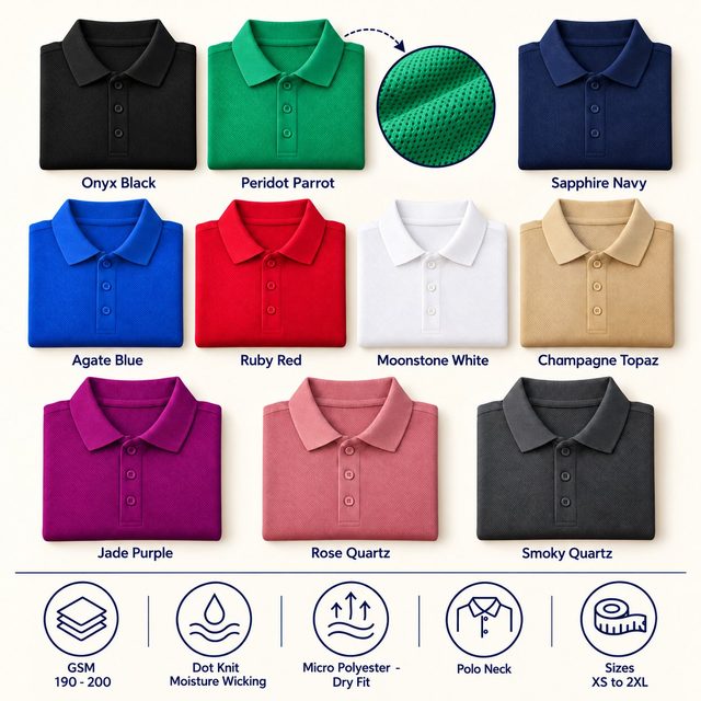 RP35 Polo T-Shirt in all 10 colours, folded, with a fabric close-up and specs (190-200 GSM dot knit - moisture wicking micro polyester - dry fit). Customised corporate polo T-shirts for gifting, uniforms and bulk orders.