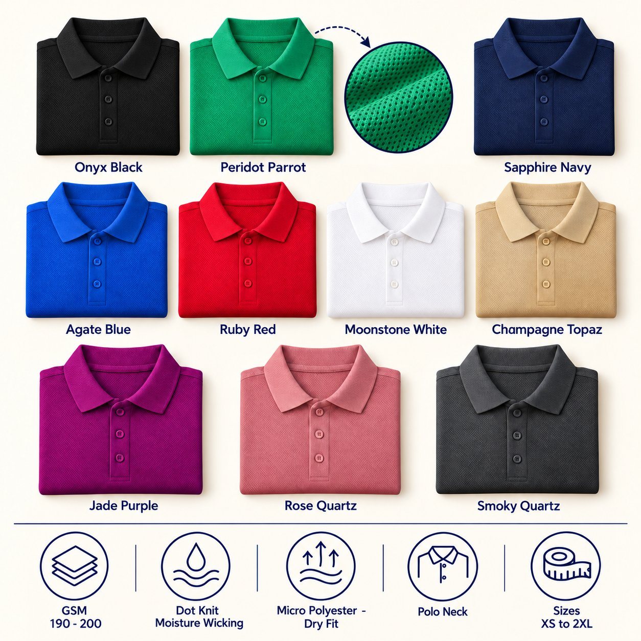 Click to zoom RP35 Polo T-Shirt in all 10 colours, folded, with a fabric close-up and specs (190-200 GSM dot knit - moisture wicking micro polyester - dry fit). Customised corporate polo T-shirts for gifting, uniforms and bulk orders.