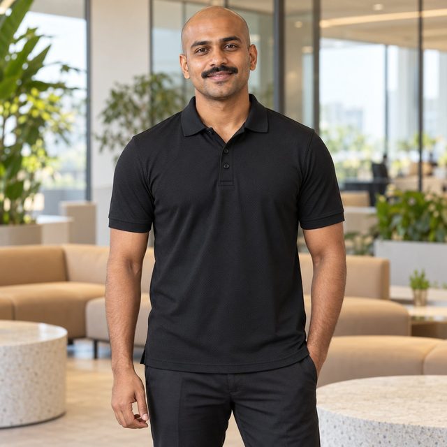 Onyx Black RP35 Polo T-Shirt customised with your company logo, worn by a man in an upscale office lounge. Custom logo polo T-shirt for corporate gifting.