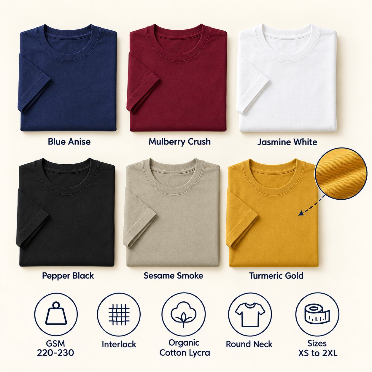 Click to zoom RP42 Round Neck T-Shirt in all 6 colours, folded, with a fabric close-up and specs (220-230 GSM interlock organic cotton lycra). Customised corporate T-shirts for gifting, uniforms and bulk orders.