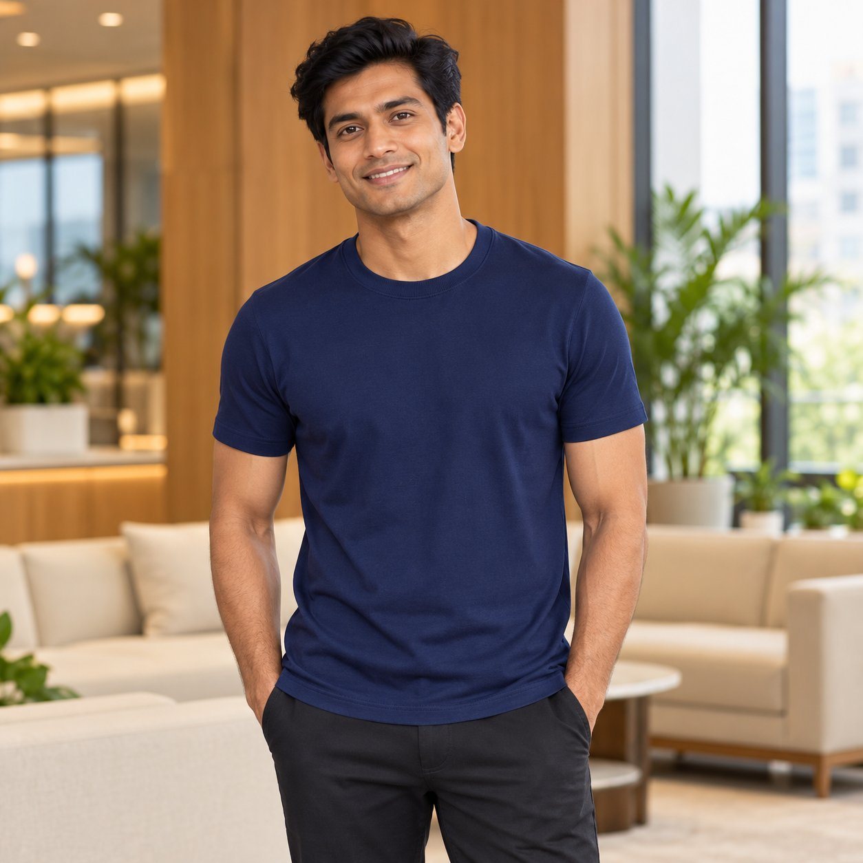 Click to zoom Blue Anise RP42 Round Neck T-Shirt customised with your company logo, worn by a man in an upscale office lounge. Custom logo T-shirt for corporate gifting.
