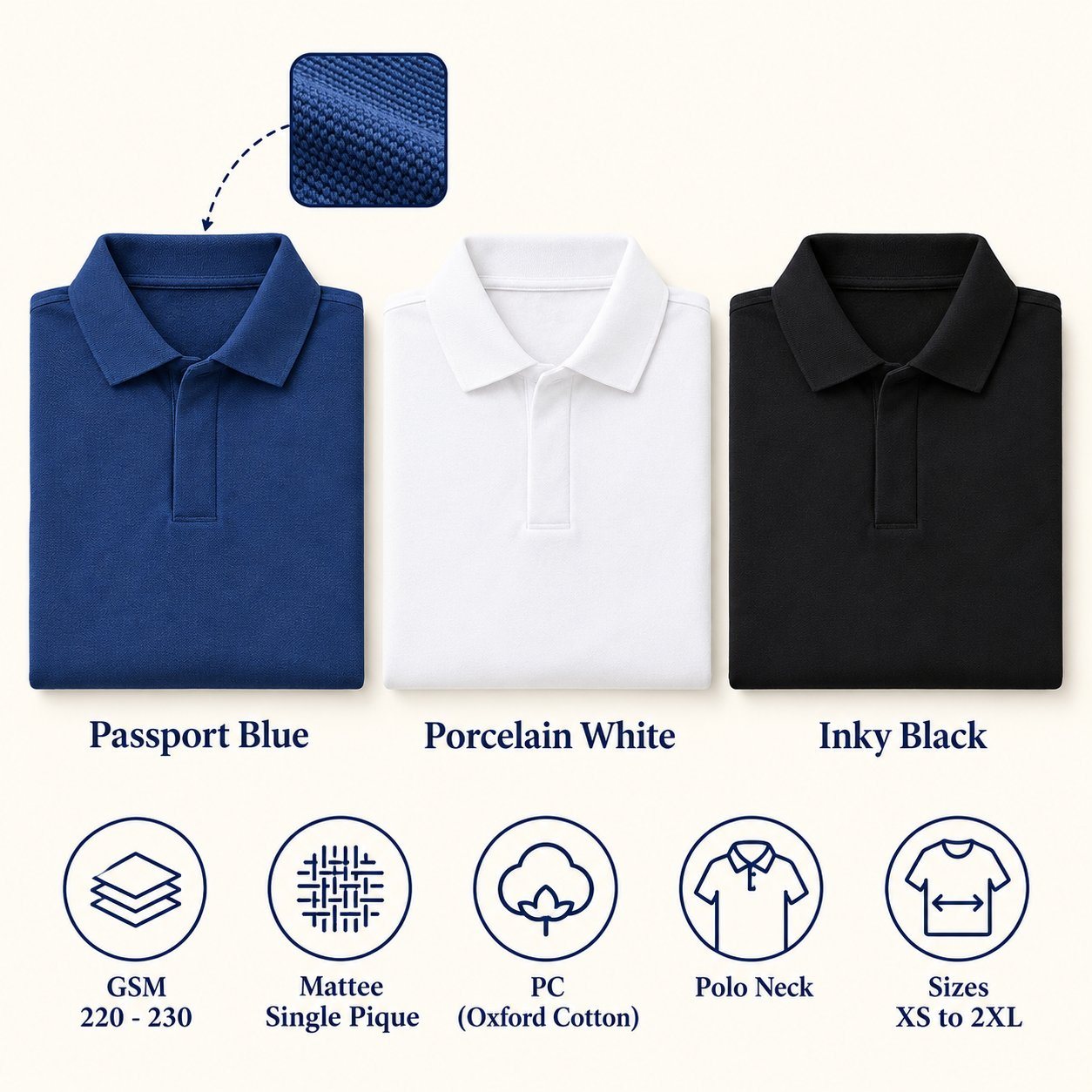 Click to zoom RP74 Polo T-Shirt in all 3 colours, folded, with a fabric close-up and specs (220-230 GSM single pique pc (oxford cotton)). Customised corporate polo T-shirts for gifting, uniforms and bulk orders.
