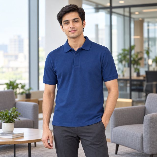 Passport Blue RP74 Polo T-Shirt customised with your company logo, worn by a man in an upscale office lounge. Custom logo polo T-shirt for corporate gifting.