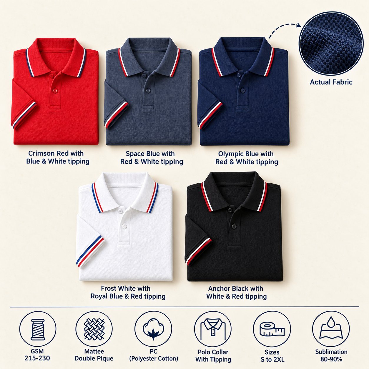 Click to zoom Sigma Polo T-Shirt in all 5 colours, folded, with a fabric close-up and specs (215-230 GSM double pique poly-cotton). Customised corporate polo T-shirts for gifting, uniforms and bulk orders.