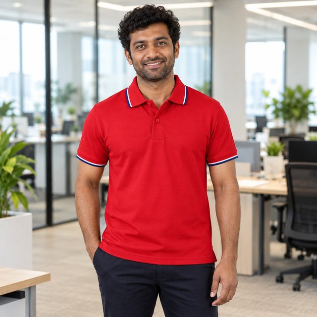 Crimson Red with Blue & White tipping Sigma Polo T-Shirt customised with your company logo, worn by a man on a modern office floor. Custom logo polo T-shirt for corporate gifting.