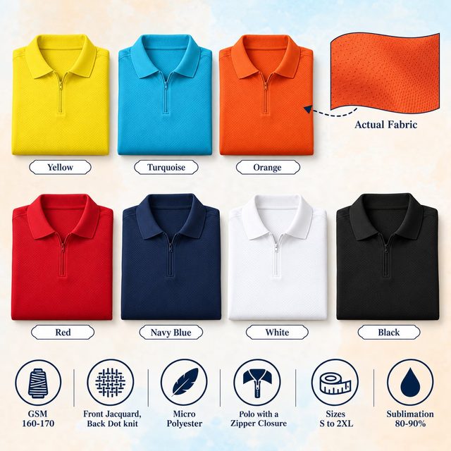 Spordy 01 Zipper Polo T-Shirt in all 7 colours, folded, with a fabric close-up and specs (160-170 GSM front jacquard, back dot knit micro polyester). Customised corporate polo T-shirts for gifting, uniforms and bulk orders.