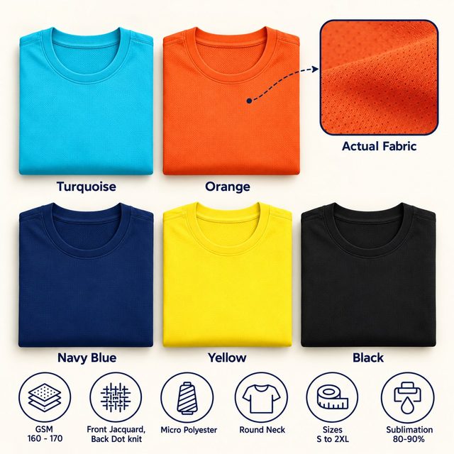 Spordy Round Neck T-Shirt in all 5 colours, folded, with a fabric close-up and specs (160 - 170 GSM front jacquard, back dot knit micro polyester). Customised corporate T-shirts for gifting, uniforms and bulk orders.