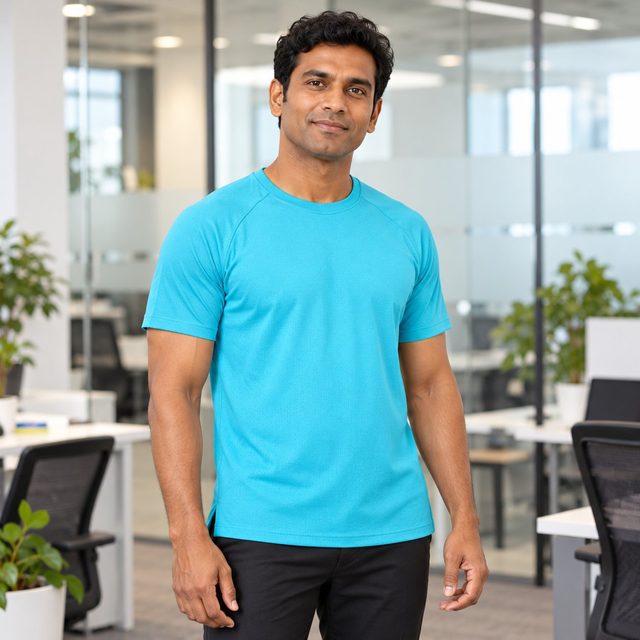 Turquoise Spordy Round Neck T-Shirt customised with your company logo, worn by a man in a modern office. Custom logo T-shirt for corporate gifting.