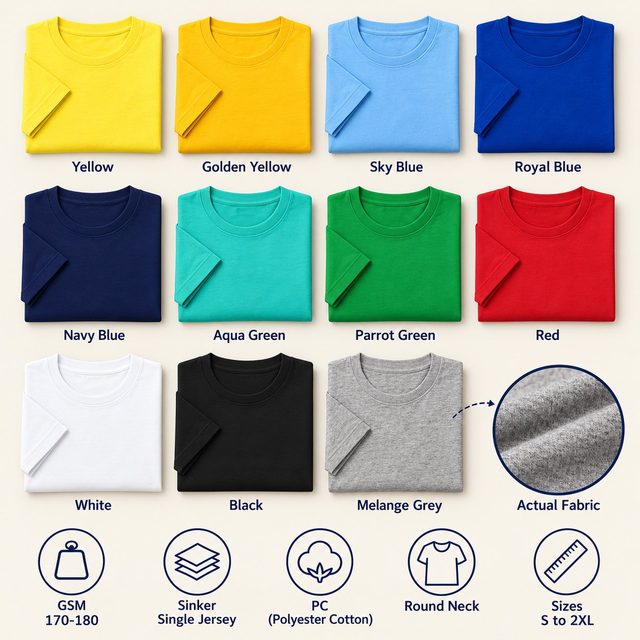 Sports Round Neck T-Shirt in all 11 colours, folded, with a fabric close-up and specs (170-180 GSM sinker - single jersey poly-cotton). Customised corporate T-shirts for gifting, uniforms and bulk orders.