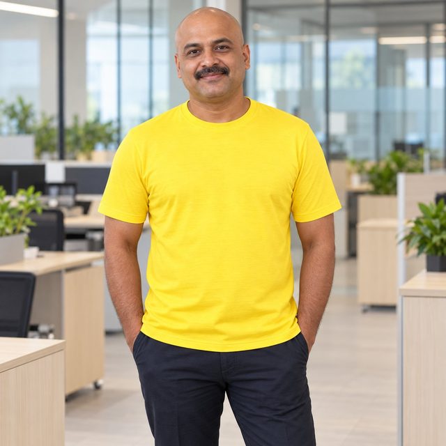 Yellow Sports Round Neck T-Shirt customised with your company logo, worn by a man in a modern office. Custom logo T-shirt for corporate gifting.
