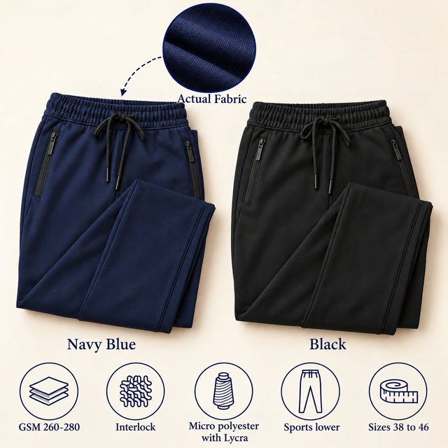 Sports Track Lower 21 in all 2 colours, folded, with a fabric close-up and specs (260-280 GSM interlock micro polyester with lycra). Customised corporate track pantss for gifting, uniforms and bulk orders.