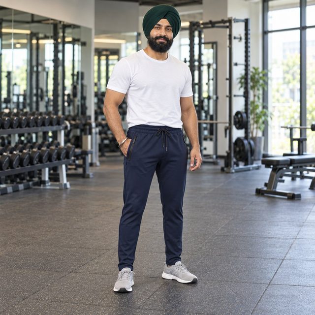 Navy Blue Sports Track Lower 21 customised with your company logo, worn by a man at a gym. Custom logo track pants for corporate gifting.