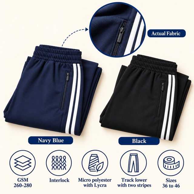 Sports Track Lower 23 (Double Stripe) in all 2 colours, folded, with a fabric close-up and specs (260-280 GSM interlock micro polyester with lycra). Customised corporate track pantss for gifting, uniforms and bulk orders.