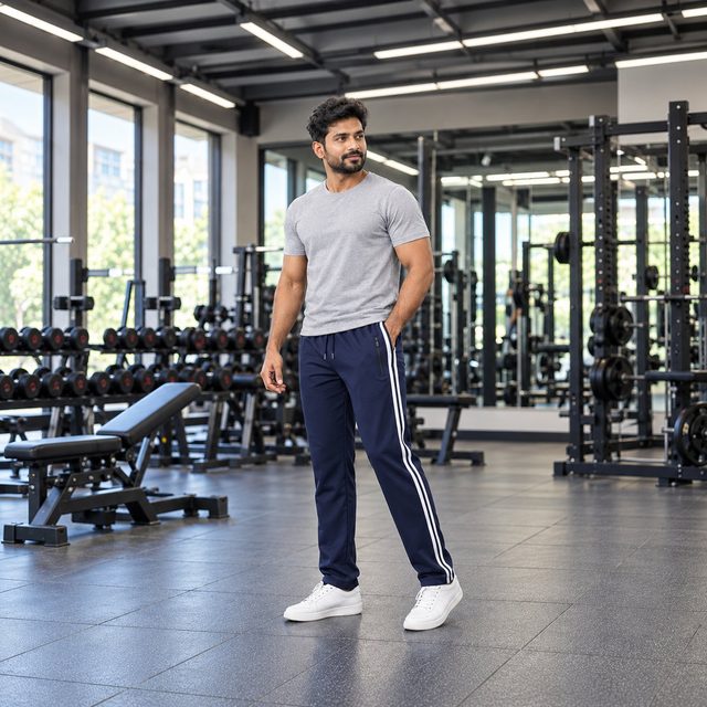 Navy Blue Sports Track Lower 23 (Double Stripe) customised with your company logo, worn by a man at a gym. Custom logo track pants for corporate gifting.