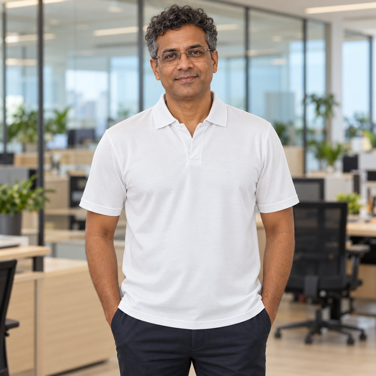 Click to zoom White Texas Polo T-Shirt customised with your company logo, worn by a man on a modern office floor. Custom logo polo T-shirt for corporate gifting.