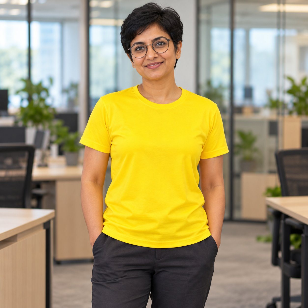 Click to zoom Yellow Texas Round Neck T-Shirt, a practical corporate gifting choice, worn by a woman in a modern office. Customised corporate T-shirt, printed or embroidered with your logo.