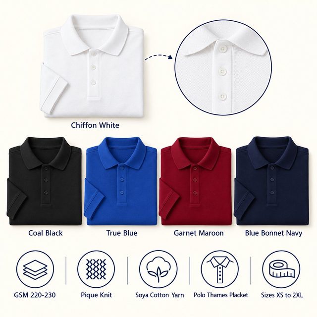 Thames Polo T-Shirt in all 5 colours, folded, with a fabric close-up and specs (220-230 GSM pique knit soya cotton yarn). Customised corporate polo T-shirts for gifting, uniforms and bulk orders.