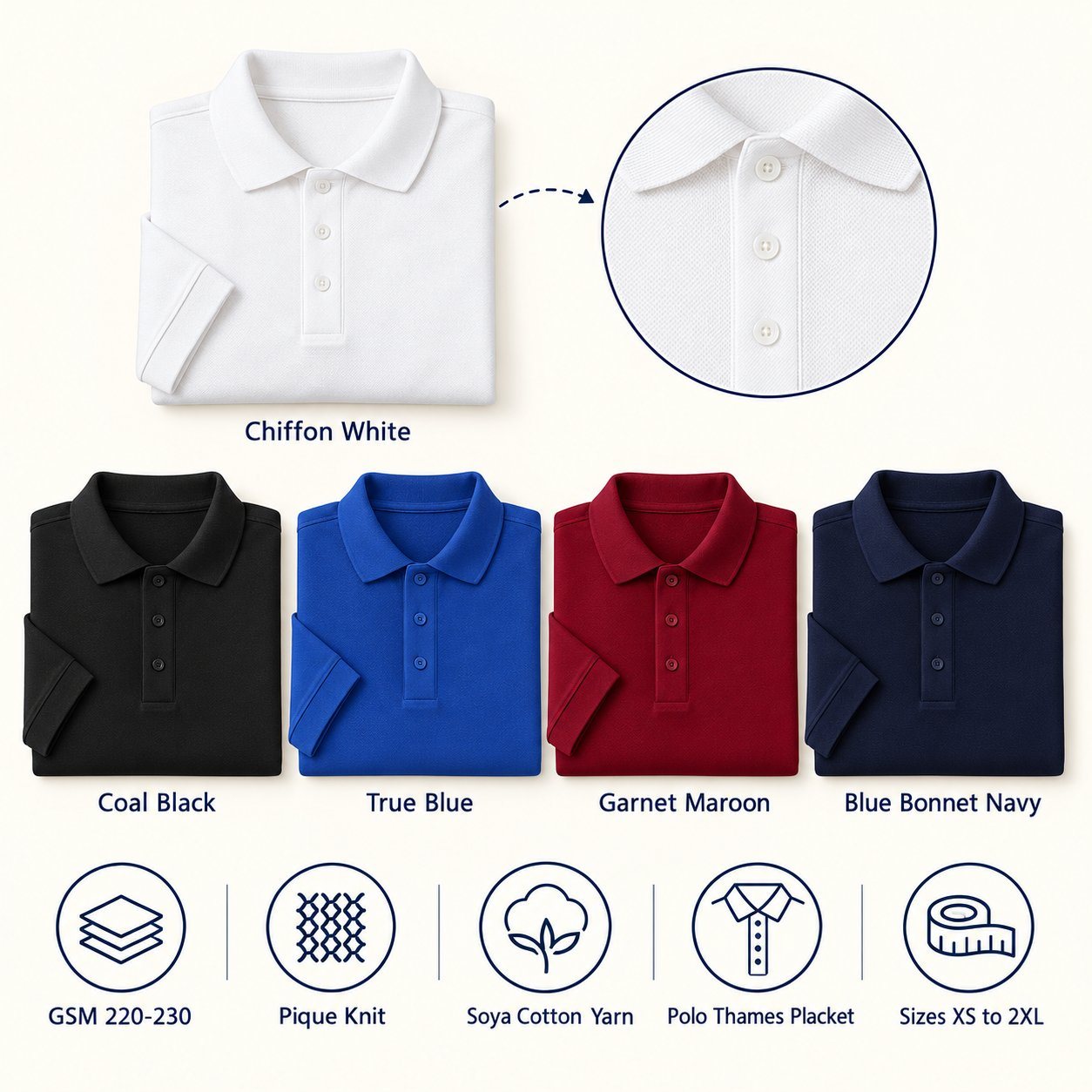 Click to zoom Thames Polo T-Shirt in all 5 colours, folded, with a fabric close-up and specs (220-230 GSM pique knit soya cotton yarn). Customised corporate polo T-shirts for gifting, uniforms and bulk orders.