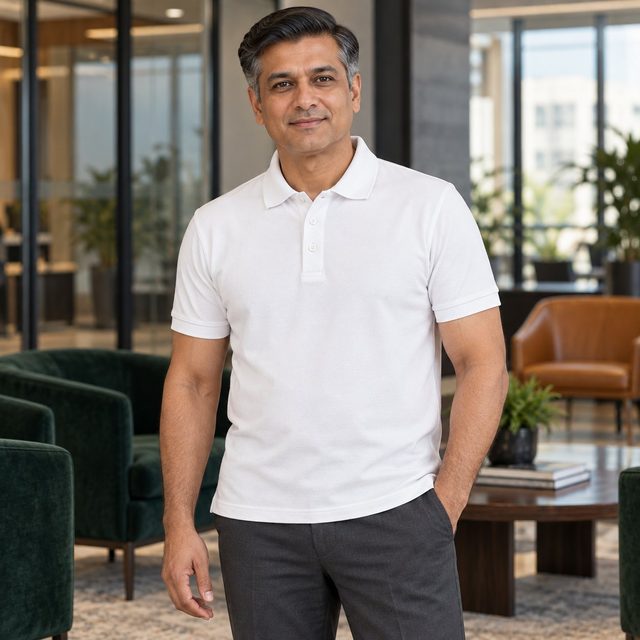 Chiffon White Thames Polo T-Shirt customised with your company logo, worn by a man in an upscale office lounge. Custom logo polo T-shirt for corporate gifting.