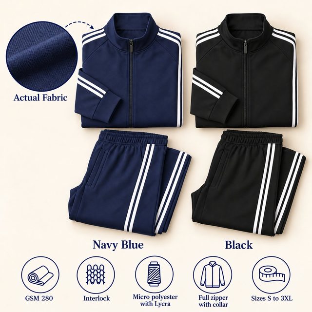 Track Suit (Jacket + Lower) in all 2 colours, folded, with a fabric close-up and specs (280 GSM interlock micro polyester with lycra). Customised corporate track suits for gifting, uniforms and bulk orders.