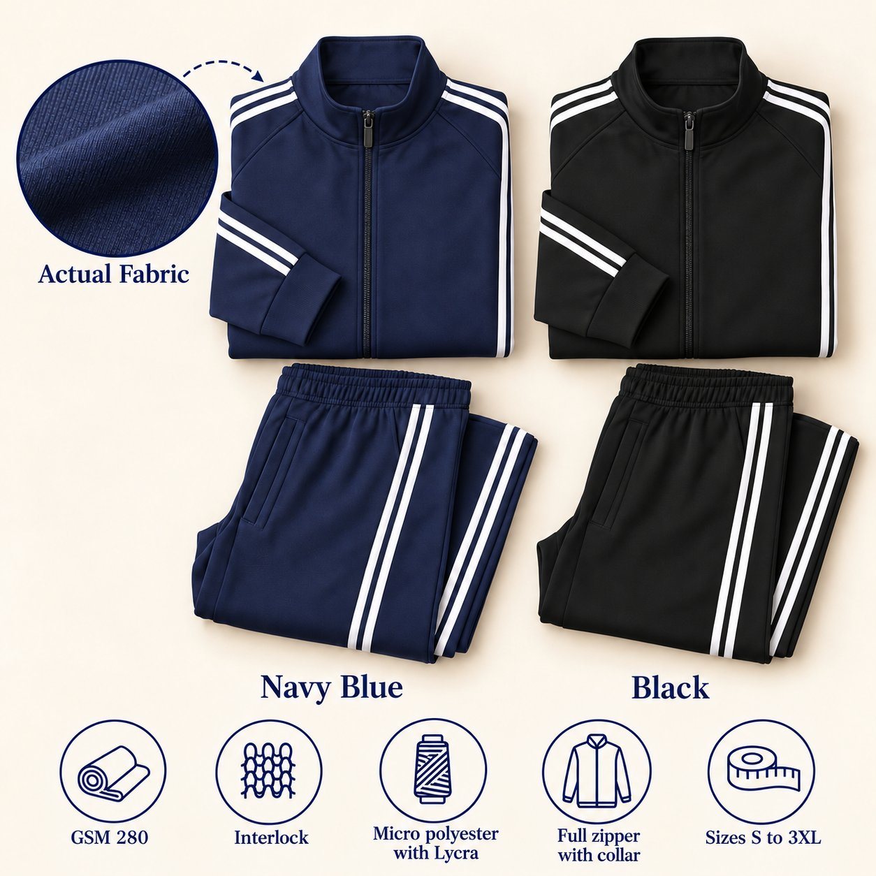Click to zoom Track Suit (Jacket + Lower) in all 2 colours, folded, with a fabric close-up and specs (280 GSM interlock micro polyester with lycra). Customised corporate track suits for gifting, uniforms and bulk orders.