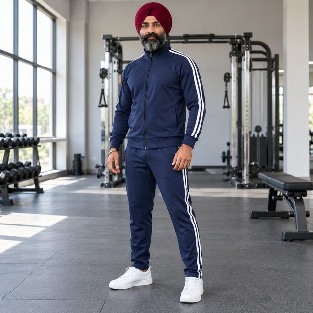 Navy Blue Track Suit (Jacket + Lower) customised with your company logo, worn by a man at a gym. Custom logo track suit for corporate gifting.