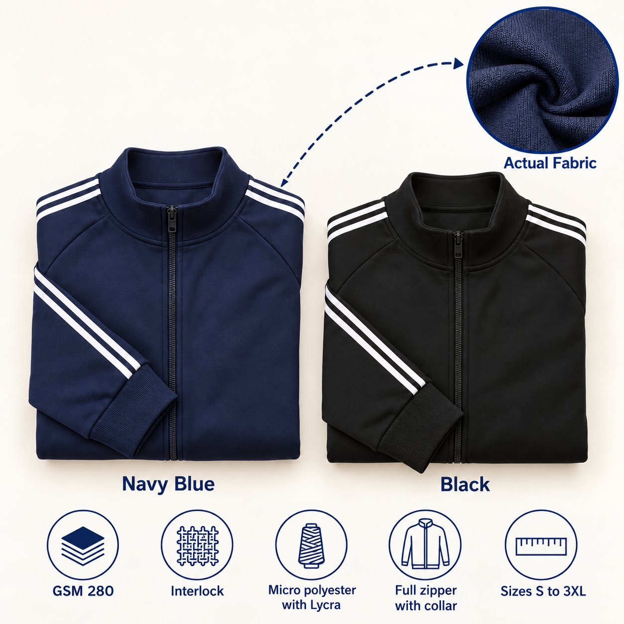Click to zoom Upper 23 Full Zipper Track Jacket in all 2 colours, folded, with a fabric close-up and specs (280 GSM interlock micro polyester with lycra). Customised corporate track jackets for gifting, uniforms and bulk orders.