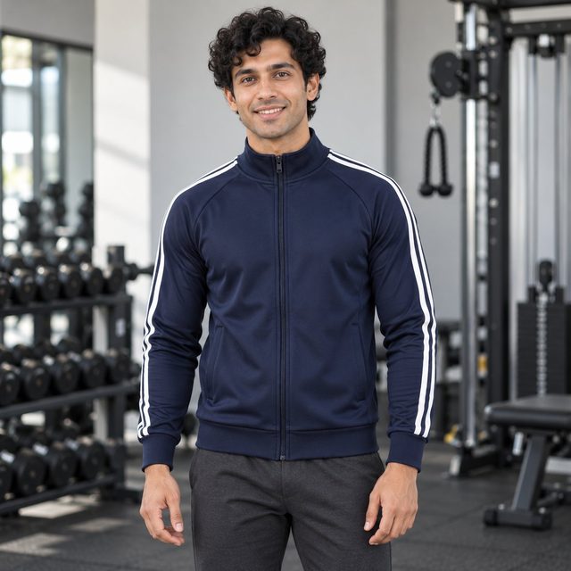 Navy Blue Upper 23 Full Zipper Track Jacket customised with your company logo, worn by a man at a gym. Custom logo track jacket for corporate gifting.