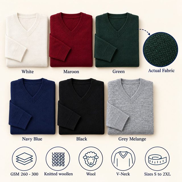 V-Neck Wool Sweater in all 6 colours, folded, with a fabric close-up and specs (260-300 GSM knitted wool). Customised corporate sweaters for gifting, uniforms and bulk orders.