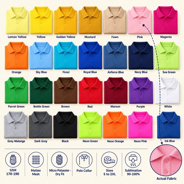 Yankees Polo T-Shirt in all 28 colours, folded, with a fabric close-up and specs (170-190 GSM mesh micro polyester - dry fit). Customised corporate polo T-shirts for gifting, uniforms and bulk orders.