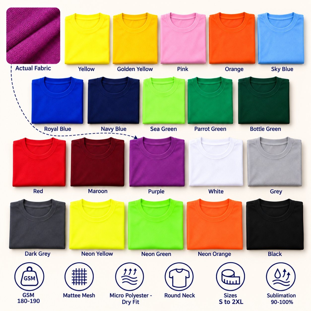 Click to zoom Yankees Round Neck T-Shirt in all 20 colours, folded, with a fabric close-up and specs (180-190 GSM mesh micro polyester - dry fit). Customised corporate T-shirts for gifting, uniforms and bulk orders.