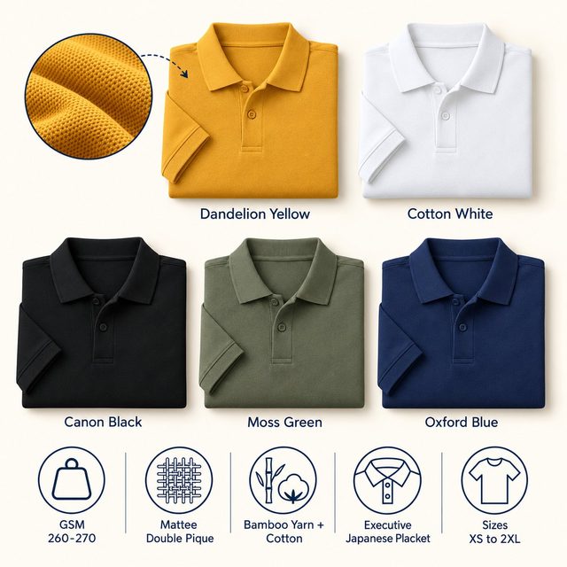 YS1145 Polo T-Shirt in all 5 colours, folded, with a fabric close-up and specs (260-270 GSM double pique bamboo yarn + cotton). Customised corporate polo T-shirts for gifting, uniforms and bulk orders.