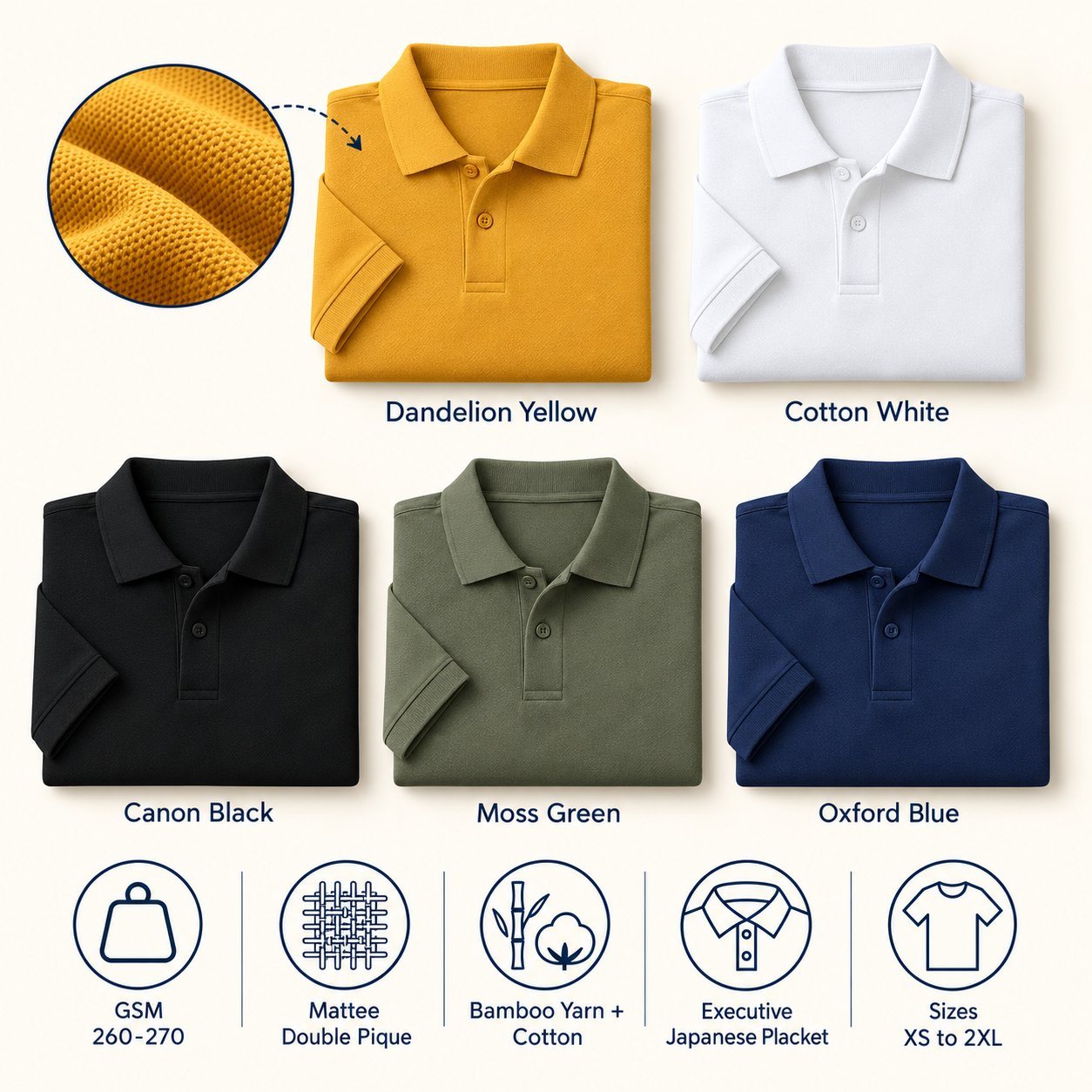 Click to zoom YS1145 Polo T-Shirt in all 5 colours, folded, with a fabric close-up and specs (260-270 GSM double pique bamboo yarn + cotton). Customised corporate polo T-shirts for gifting, uniforms and bulk orders.