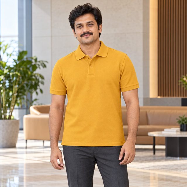 Dandelion Yellow YS1145 Polo T-Shirt customised with your company logo, worn by a man in an upscale office lounge. Custom logo polo T-shirt for corporate gifting.