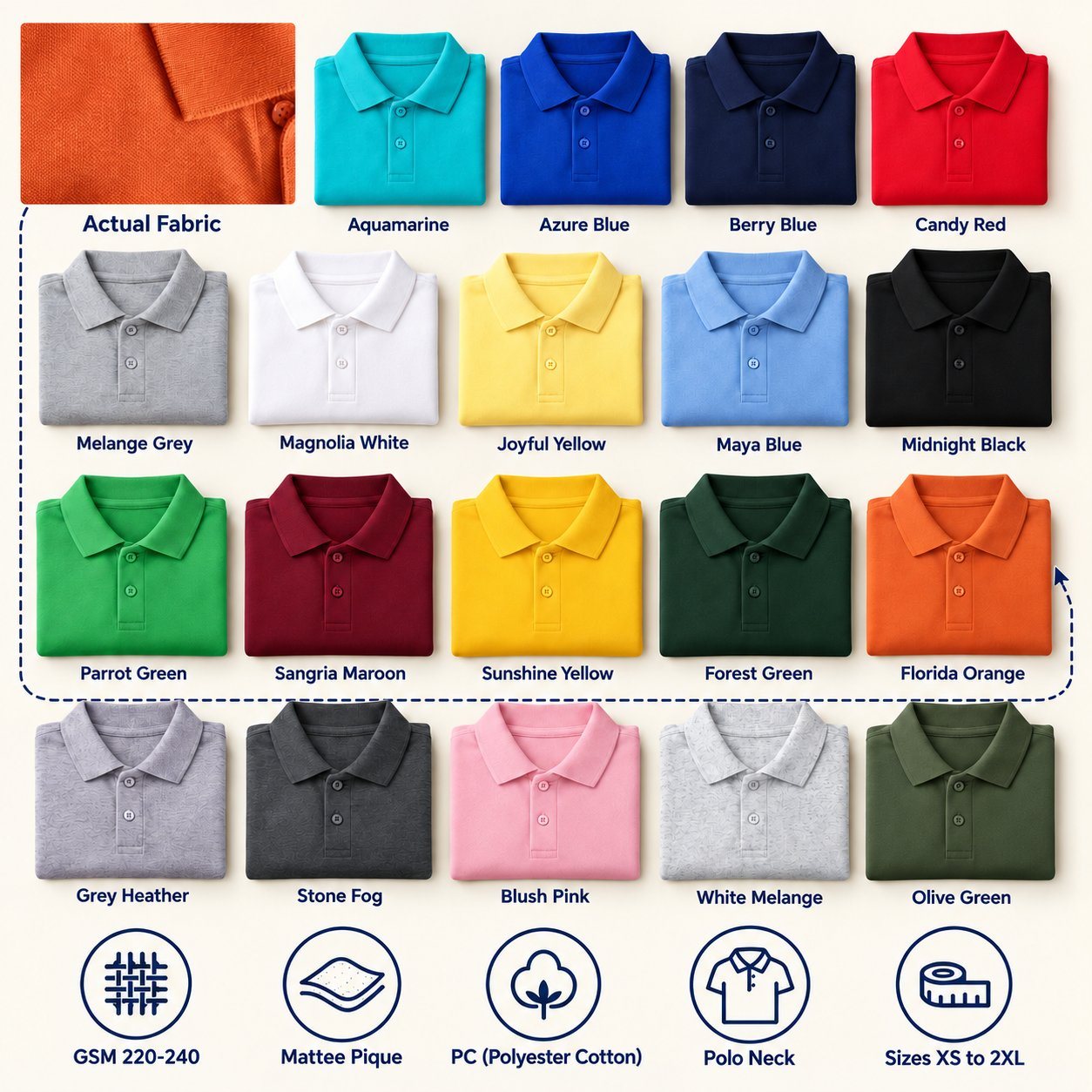 Click to zoom YS1192 Polo T-Shirt in all 19 colours, folded, with a fabric close-up and specs (220-240 GSM pique poly-cotton). Customised corporate polo T-shirts for gifting, uniforms and bulk orders.