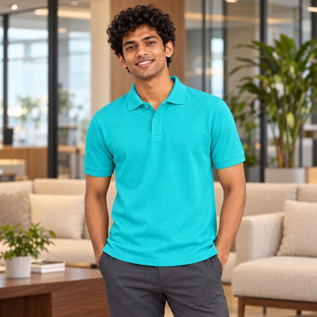Aquamarine YS1192 Polo T-Shirt customised with your company logo, worn by a man in an upscale office lounge. Custom logo polo T-shirt for corporate gifting.