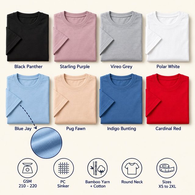 YS2145 Round Neck T-Shirt in all 8 colours, folded, with a fabric close-up and specs (210-220 GSM pc - sinker bamboo yarn + cotton). Customised corporate T-shirts for gifting, uniforms and bulk orders.